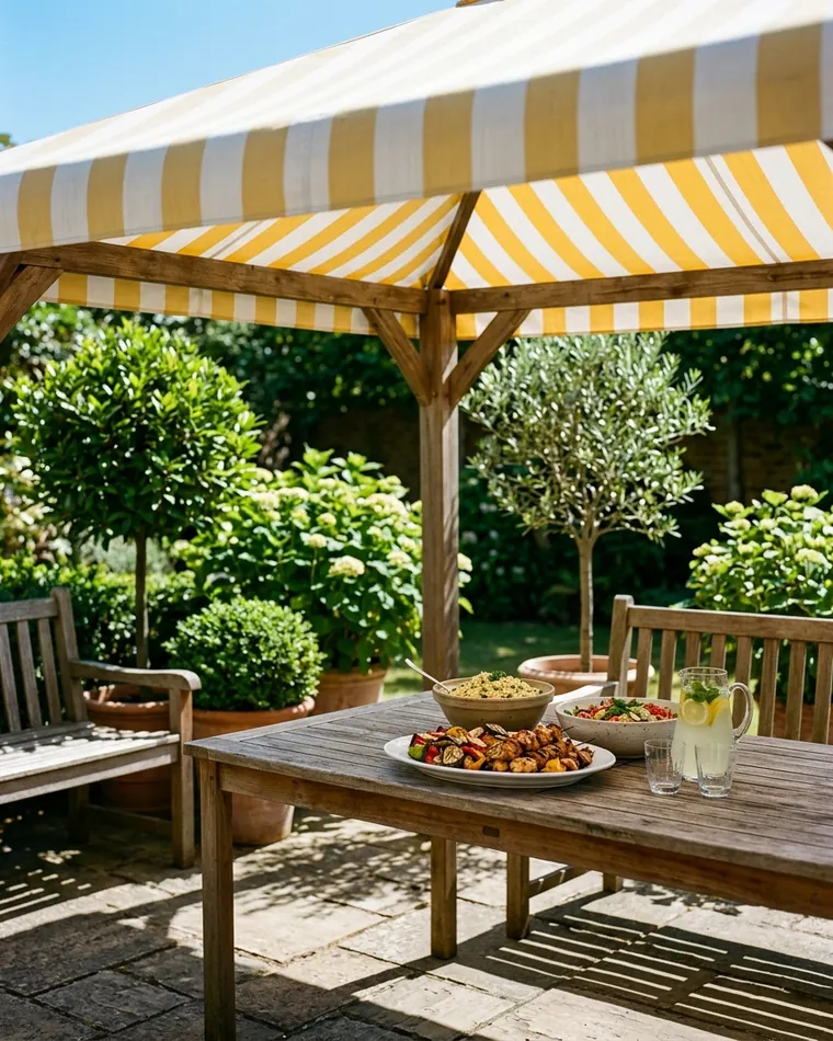 Wooden table under a yellow-and-white striped pavilion with skewers, salad and lemonade