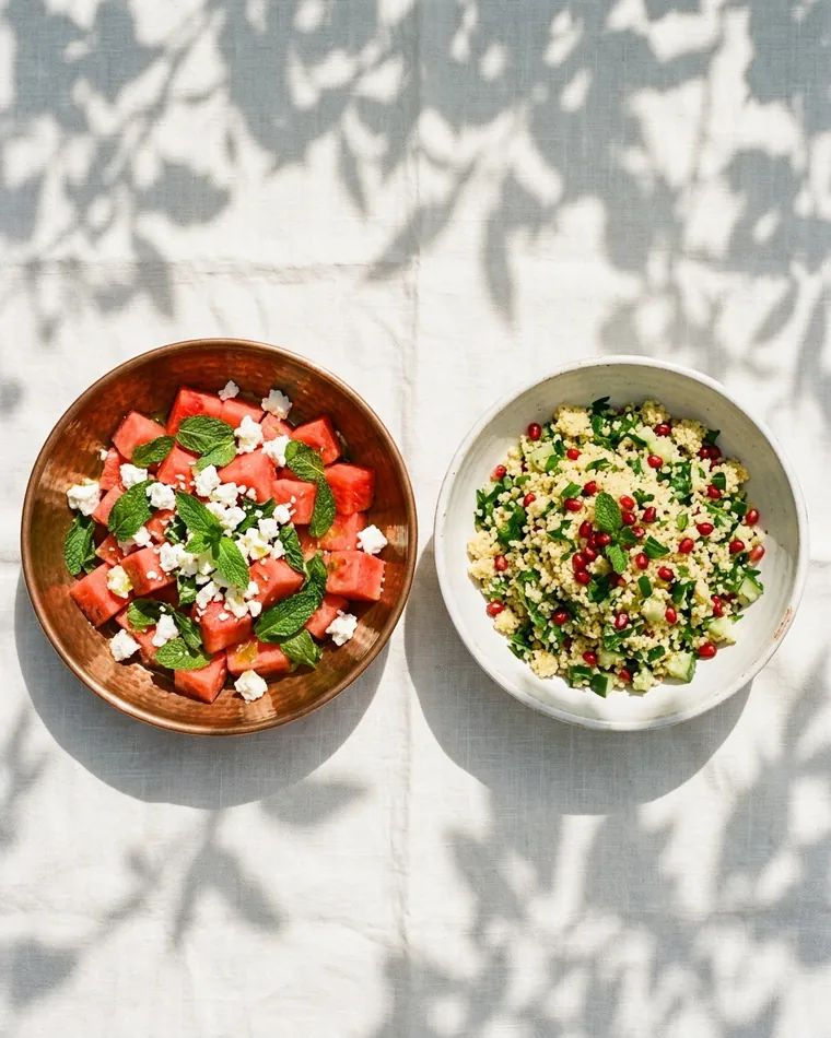 Watermelon salad with feta and mint, couscous salad with pomegranate — Masalas Catering Berlin