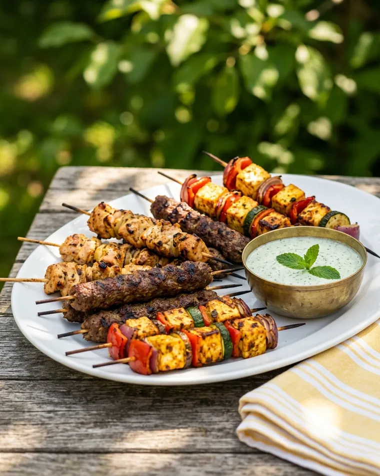 Platter of chicken tikka, seekh kebab and vegetable skewers with mint dip — Masalas Catering Berlin