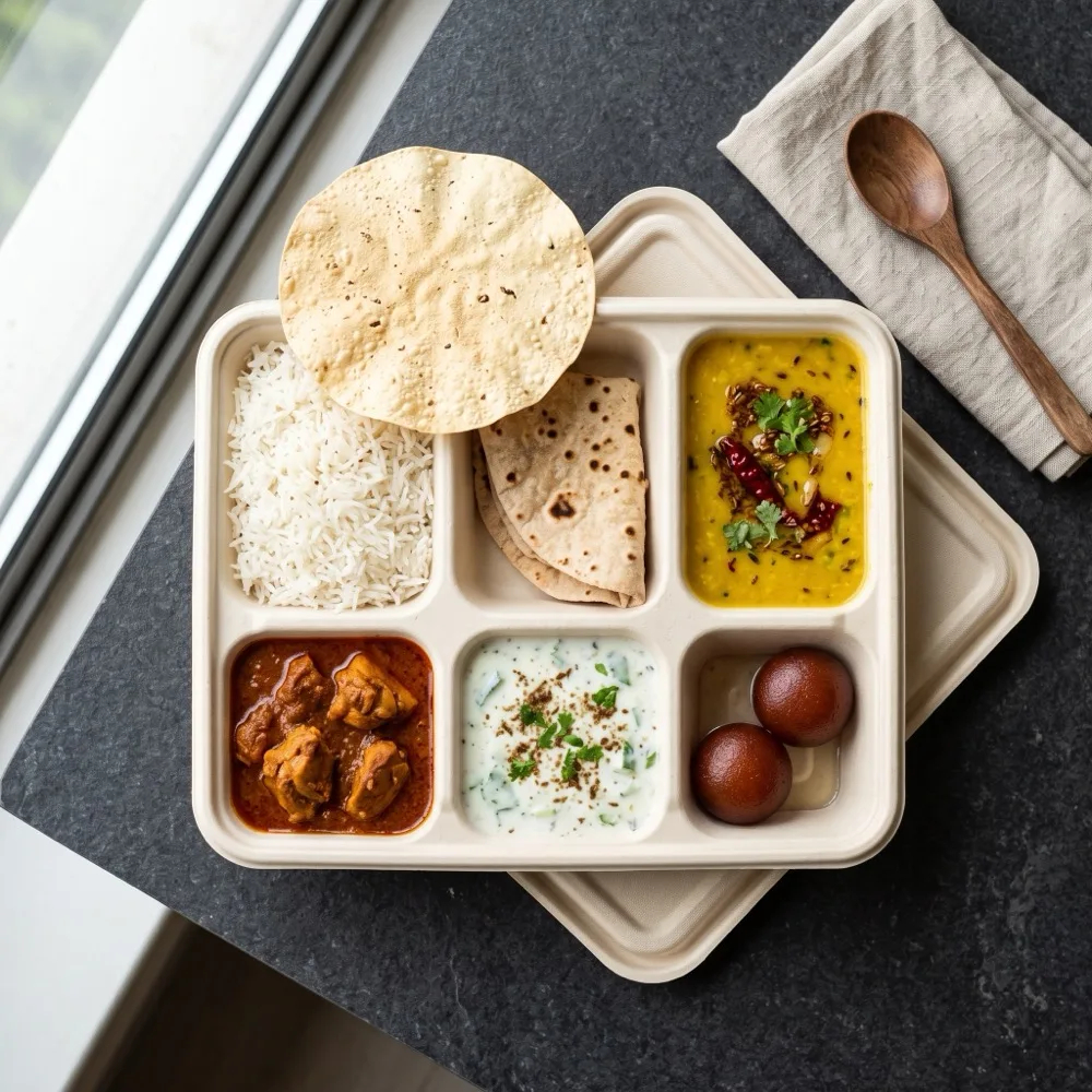 Masalas Thali Box: rice, roti, dal, chicken curry, raita and gulab jamun in six compartments, with a papadam