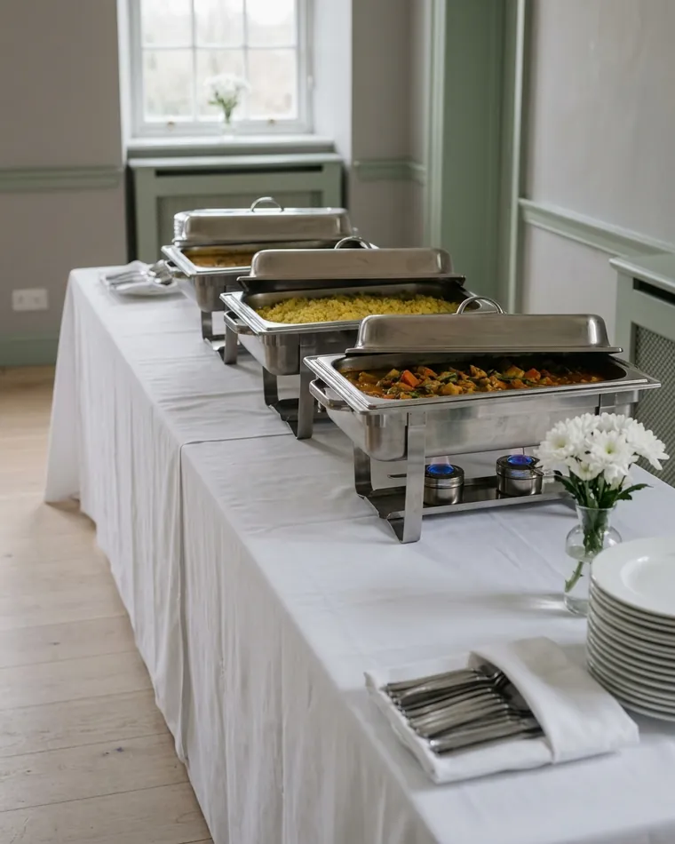 Warmes Buffet mit drei Chafing Dishes über Brennpaste, weiß gedeckt — Masalas Catering Berlin