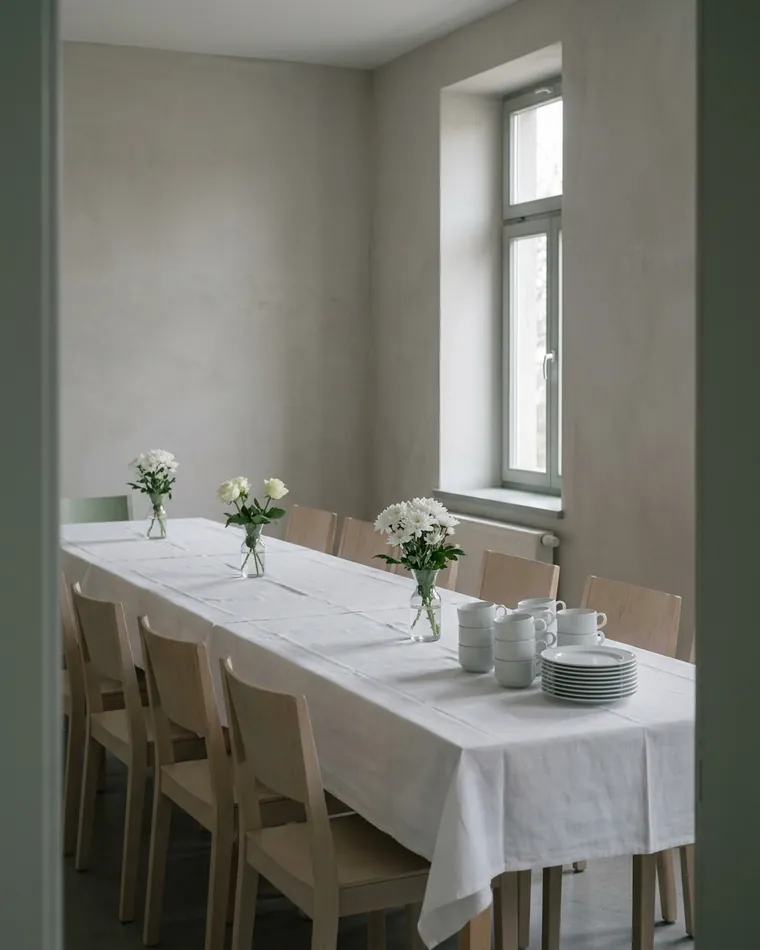 Schlichter Gemeinderaum mit langer, weiß gedeckter Tafel, weißen Blumen und Tageslicht für einen Trauerkaffee