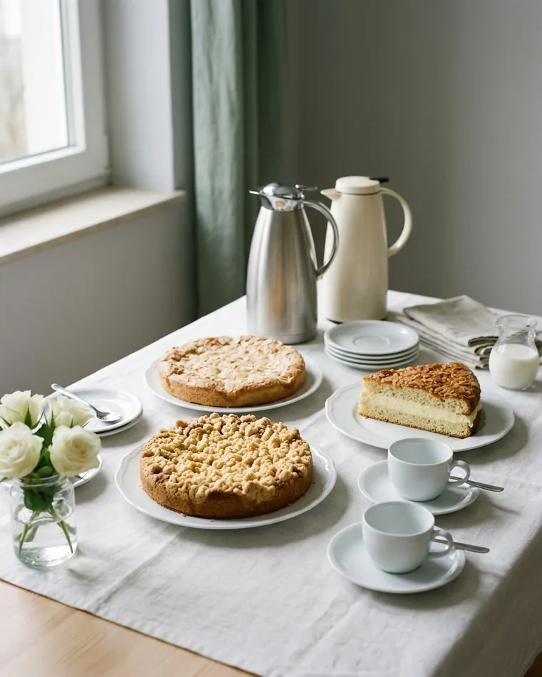 Kaffeetafel mit Streuselkuchen, Butterkuchen, Bienenstich, Kaffee und Tee — Masalas Catering Berlin