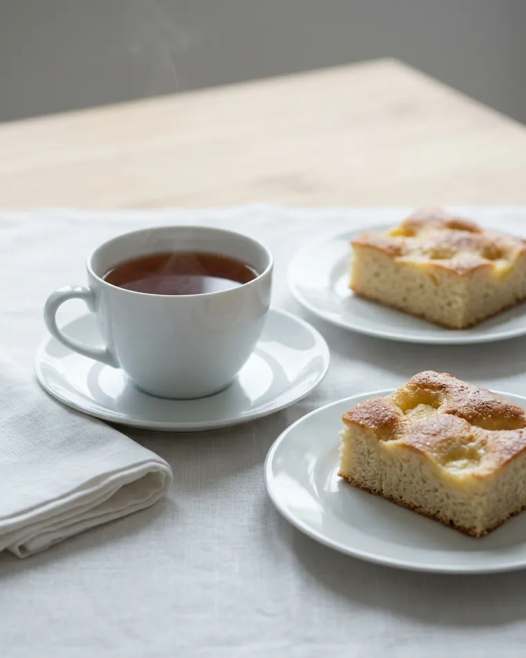 Tasse Tee und Butterkuchen auf weißem Leinen — Masalas Catering Berlin