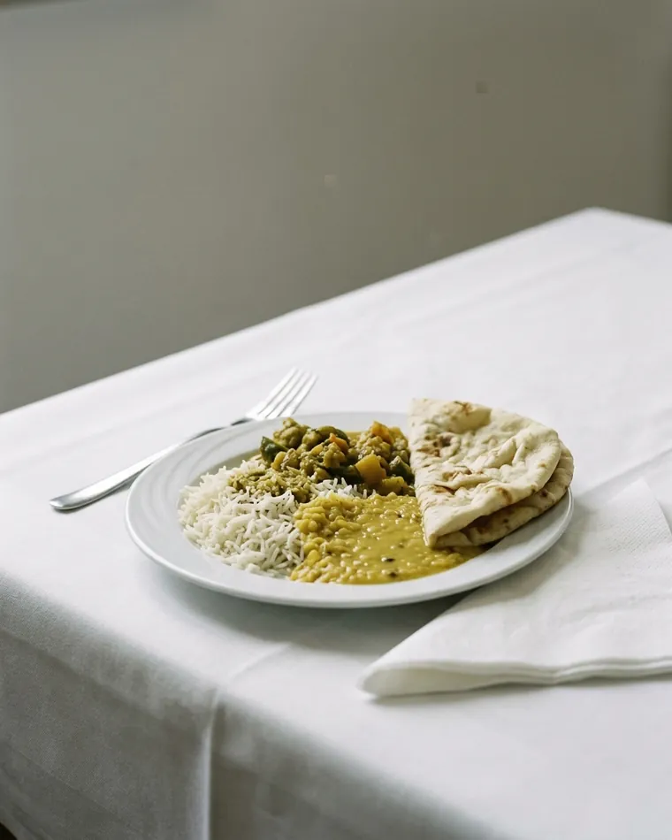 Teller mit Reis, gelbem Dal, Gemüsecurry und Naan — Masalas Catering Berlin