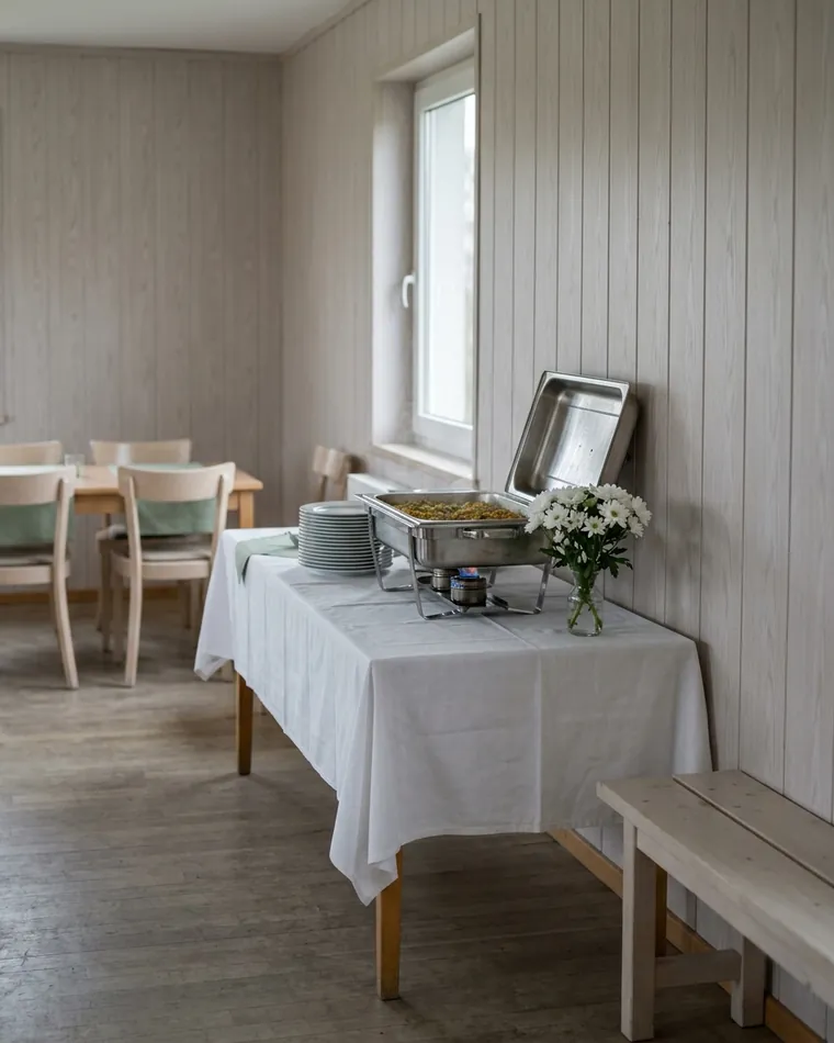 Vereinsraum mit Holzvertäfelung, weiß gedecktem Tisch und einem Chafing Dish über Brennpaste