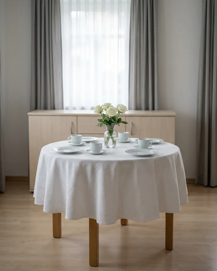 Runder, weiß gedeckter Tisch mit Tassen und weißen Rosen in einem Wohnzimmer
