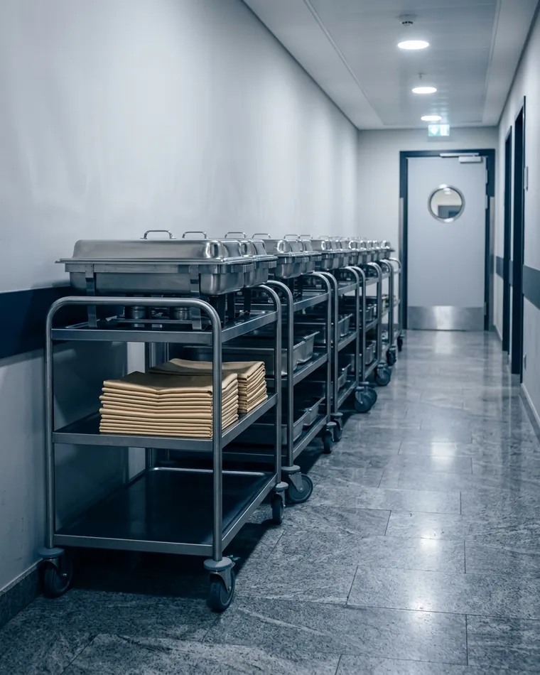 Clean service corridor with steel trolleys, covered warming pans and table linen