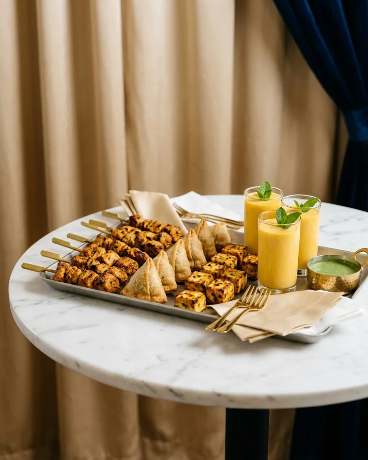 Finger-food tray with tikka skewers, samosa, paneer and mango lassi on a marble table — Masalas Catering Berlin