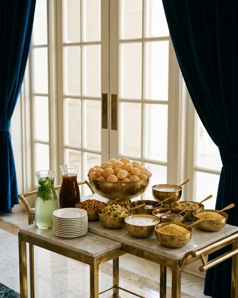 Brass chaat cart with puri, chutneys and mint water in a grand hotel foyer