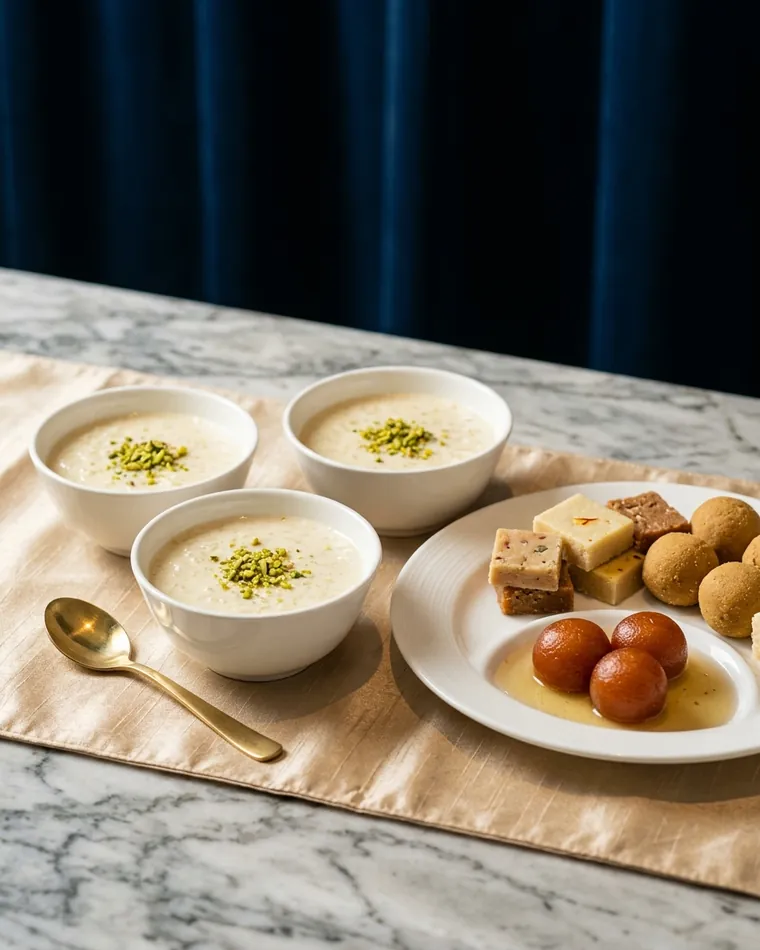 Kheer with pistachio, barfi, ladoo and gulab jamun on marble — Masalas Catering Berlin