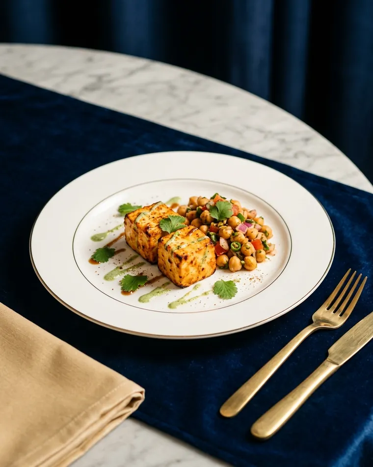 Gala starter: paneer tikka with chickpea chaat and chutneys on gold-rimmed porcelain — Masalas Catering Berlin
