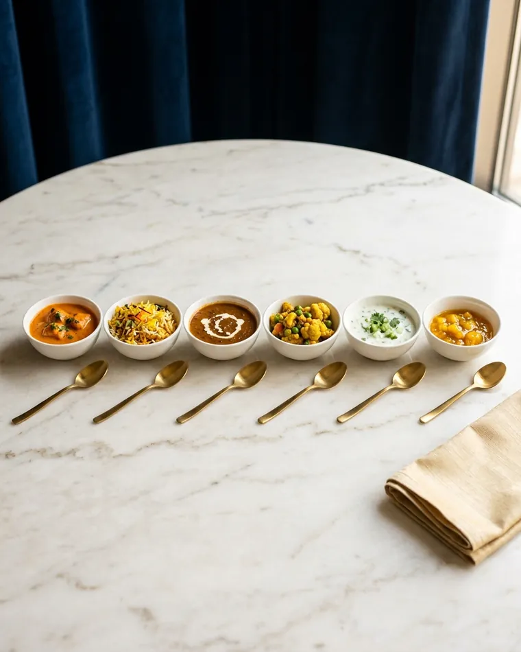 Six tasting bowls with butter chicken, biryani, dal, vegetable curry, raita and chutney — Masalas Catering Berlin