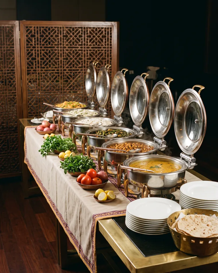 Vegetarische Buffetlinie im Saal, Masalas Catering Berlin