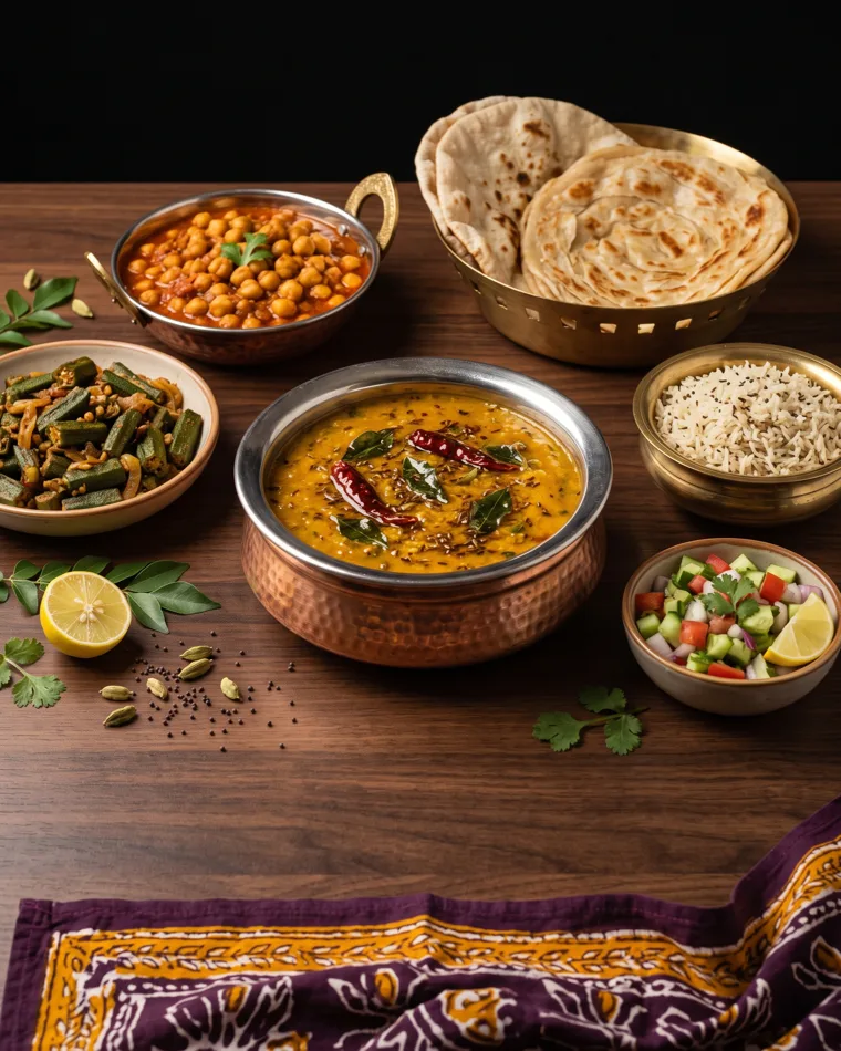 Vegan thali buffet with dal, vegetables and rice, Masalas Catering Berlin