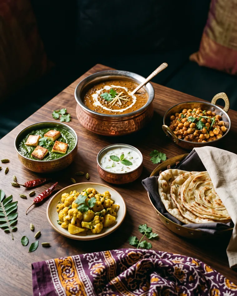 Vegetarisches Thali-Buffet mit Dal, Paneer und Reis, Masalas Catering Berlin