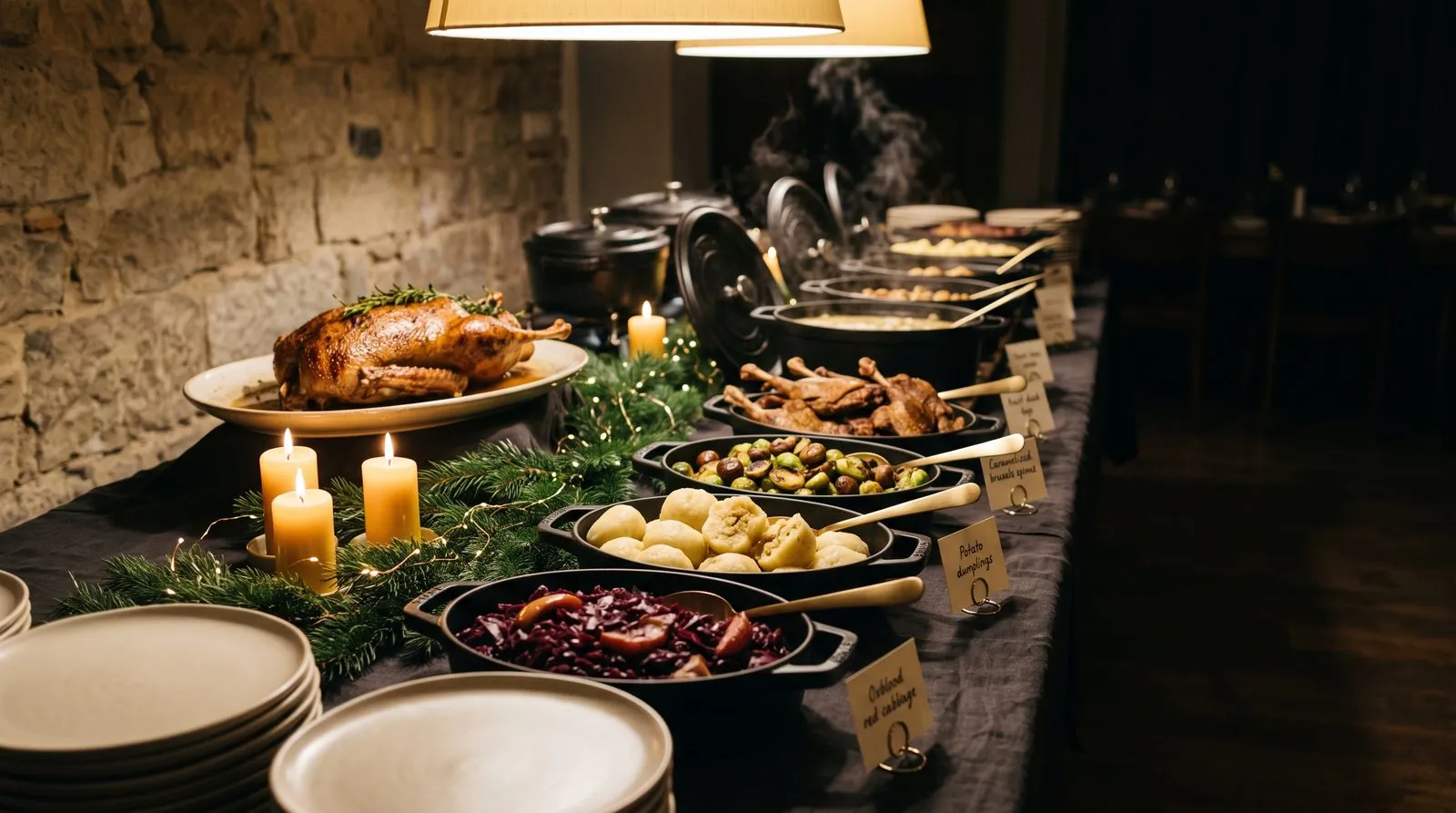 Weihnachtsbuffet von Masalas Catering, aufgebaut mit Chafing Dishes