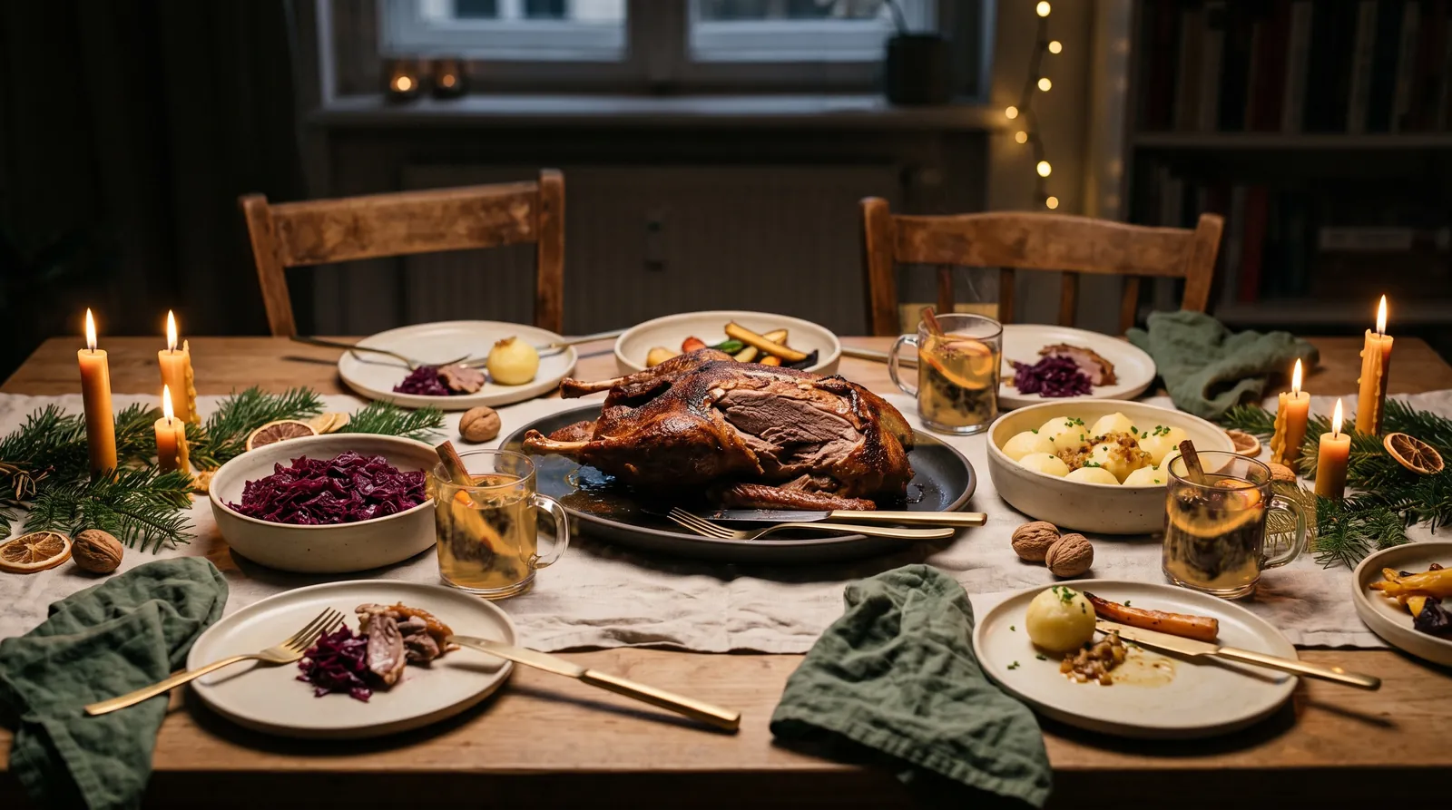 Gedeckter Weihnachtstisch mit Gans, Rotkohl, Klößen und heißem Apfelpunsch