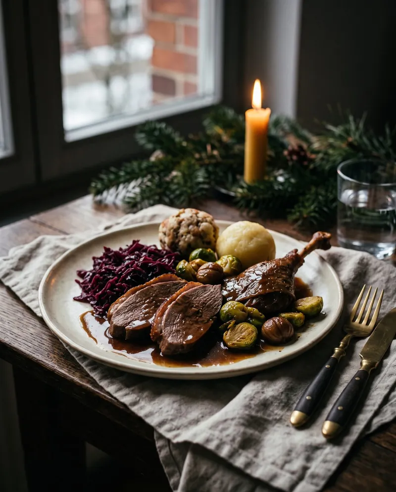 Tranchierte Weihnachtsgans mit Rotkohl, Klößen und Rosenkohl