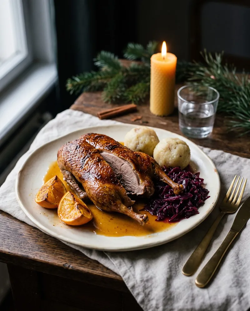Halbe Ente mit Orangen-Jus, Rotkohl und Klößen, halal