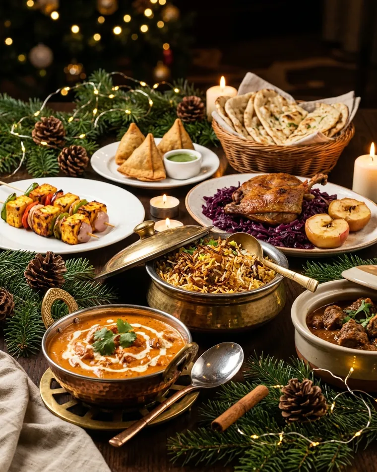 Christmas buffet with butter chicken, biryani, paneer skewers, samosa, naan and duck leg with red cabbage — Masalas Catering Berlin