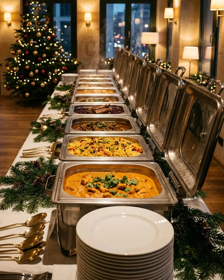 Christmas buffet with chafing dishes, fir branches and a Christmas tree in an event room