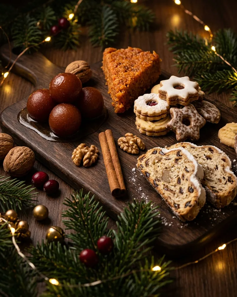 Gulab jamun, gajar halwa and Christmas biscuits on a wooden board — Masalas Catering Berlin