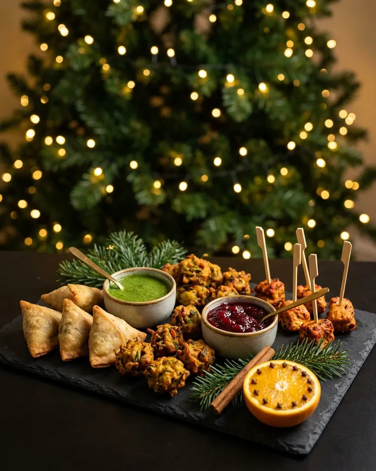 Winter finger food with samosa, pakora, chicken tikka and chutneys — Masalas Catering Berlin