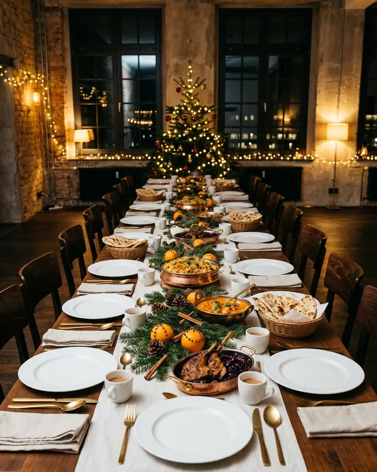 Festive table for a company Christmas party with biryani, butter chicken, duck legs and a Christmas tree in a Berlin loft