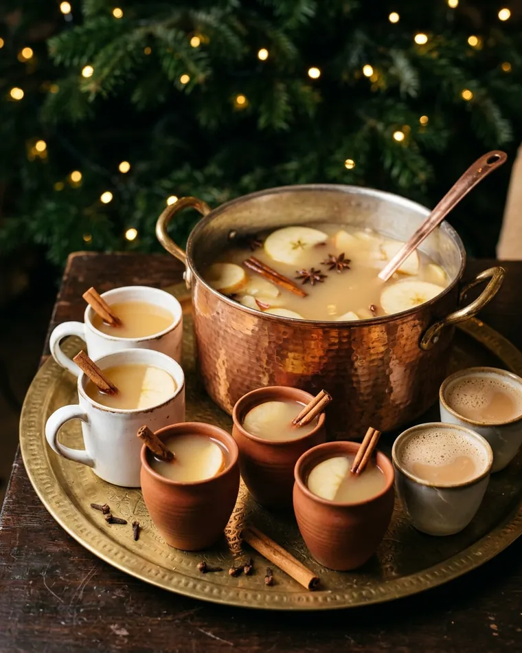 Alcohol-free apple punch in a copper pot and masala chai in clay cups — Masalas Catering Berlin