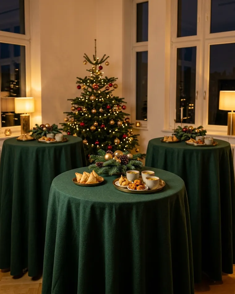 Standing tables in green felt with finger food and a Christmas tree at a company party