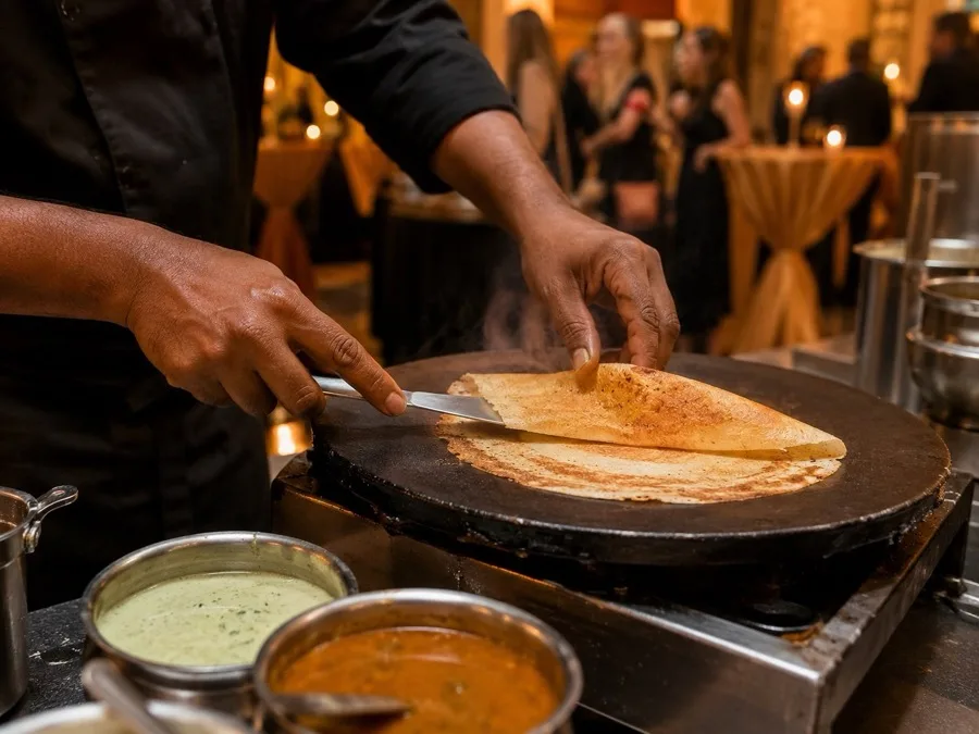 Dosa wird frisch auf einer heißen Platte zubereitet
